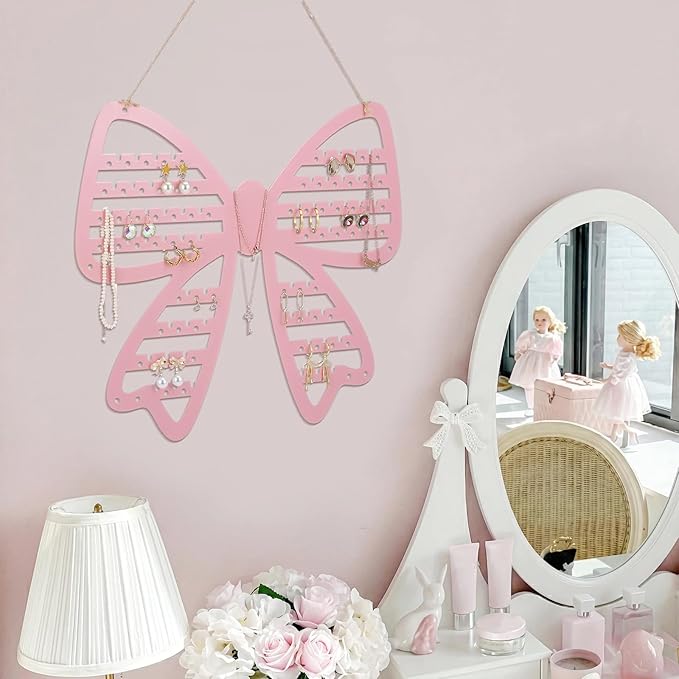 Pink Bow Hanging Earring Organizer Wall Mounted Metal Pink Jewelry Holder Coquette Bow Earring Rack Organizer Home Decor for Women Girls Bedroom Dormitory Accessories