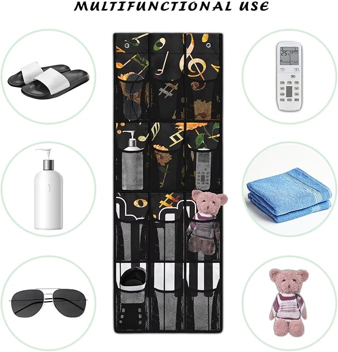 Over The Door Shoe Organizer with 12 Mesh Pockets, Hanging Storage Organizer for Toys Closet Door Hanging Shelf Storage for Bedroom Bathroom,Music Note