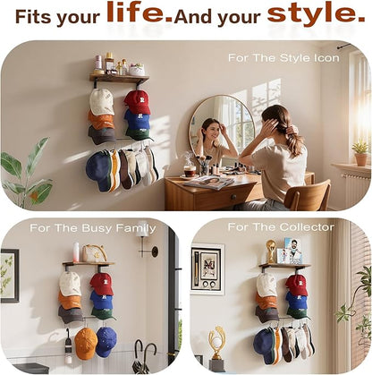 Keebofly Wall Hat Rack with Shelf, Multi-function Baseball Cap Organizer & Holder with 12 Hooks，Displays & Stores 60+ Caps, Multi-Level Wall Mount Hat Organizer Stand for Closet, Entryway, Bedroom