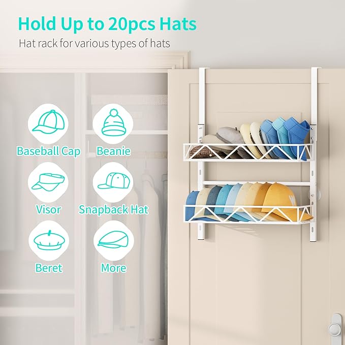HapiRm Over the Door Hat Organizer - 2 Tier Wall Mounted Hat Rack with 2 Adjustable Metal Basket, Baseball Caps Organizer Storage Holds up to 20 Caps for Door, Bedroom, Closet (White)