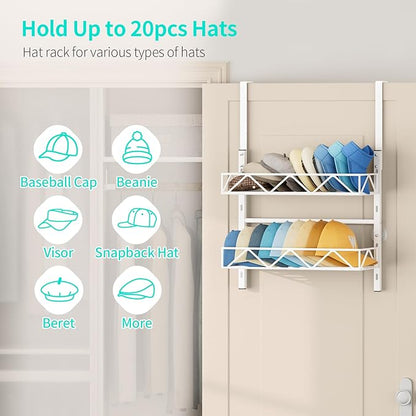 HapiRm Over the Door Hat Organizer - 2 Tier Wall Mounted Hat Rack with 2 Adjustable Metal Basket, Baseball Caps Organizer Storage Holds up to 20 Caps for Door, Bedroom, Closet (White)