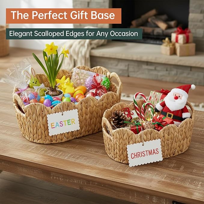Coeusy Scalloped Basket Set of 2,Water Hyacinth Basket for Organizing and Decor,Hand-Woven Wicker Storage Baskets with Built-In Handles for Nursery,Gift,Laundry
