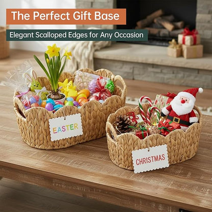 Coeusy Scalloped Basket Set of 2,Water Hyacinth Basket for Organizing and Decor,Hand-Woven Wicker Storage Baskets with Built-In Handles for Nursery,Gift,Laundry