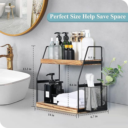 Bathroom Counter Organizer, 2-Tier Standing Storage Shelf with Basket, Wood Tray for Skincare Vanity Organizer