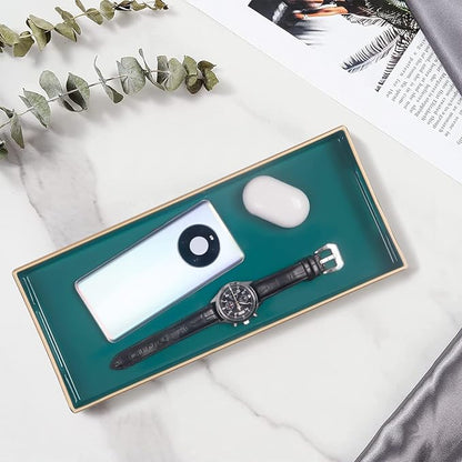 MAONAME Green Bathroom Tray, Plastic Vanity Tray, Narrow Countertop Trays with Handles, Perfume Organizer Trays for Dresser, Bathroom Accessories, 13.8" x 6" x 1.57"