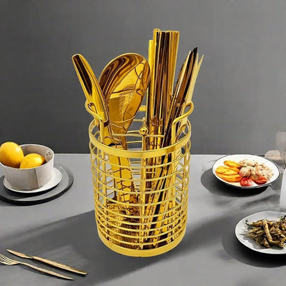 ZECNG Gold Kitchen Divided Organizer, Kitchen Countertop Holder for Serving Utensils, Stainless Steel Mesh Storage Baskets for Holding Knife Fork Spoon