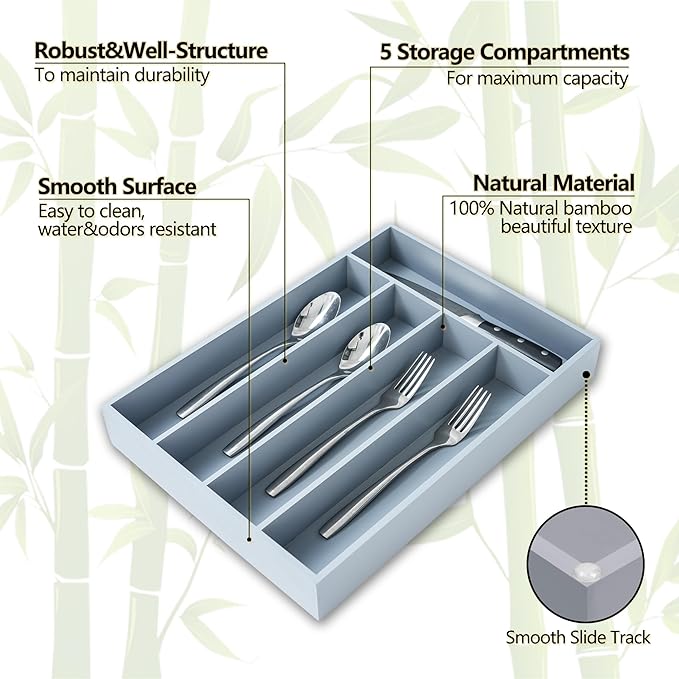 Silverware Organizer, 10 Inch Utensil Organizer Kitchen Drawer Organizer Bamboo Silverware Holder Cutlery Tray Organizer in Drawer Flatware Organizer Tray(5 slots, Gray