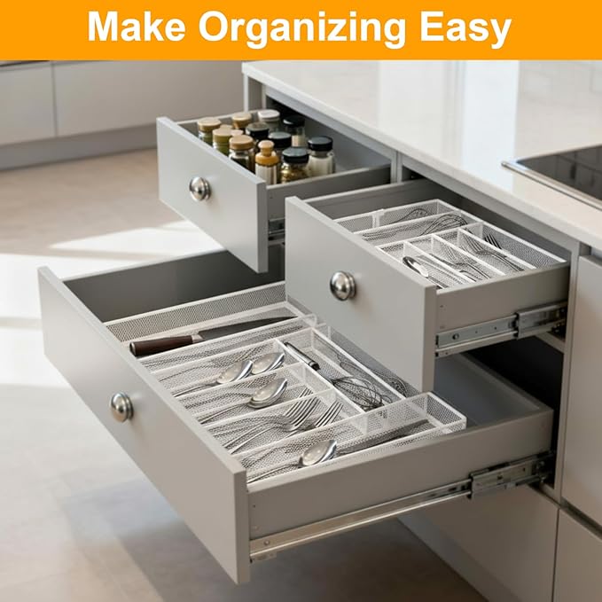 1 Pcs Utensil Drawer Silverware Organizer, Metal Mesh Expandable 13" 24" Kitchen Drawer Organizer, 7-9 Slots Cutlery Tray Dividers for Kitchen Flatware Christmas Housewarming Gift (White)