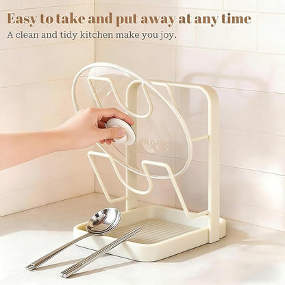 2 Tier Pot Lid Holder Rack for Kitchen Storage, Multifunctional Pan Lid Organizer for Countertop, Kitchen Spoon Rest with Lid Holder Rack for StoveTop White