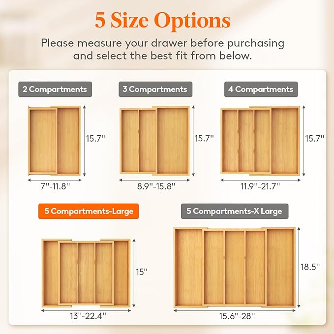 Lifewit Utensil Organizer for Kitchen Drawer, Expandable Cooking Utensil Tray, Cutlery Silverware Flatware Holder, Wood Adjustable Spatula Tools Storage Divider, 13-22x15/ 33-56x38cm, Natural