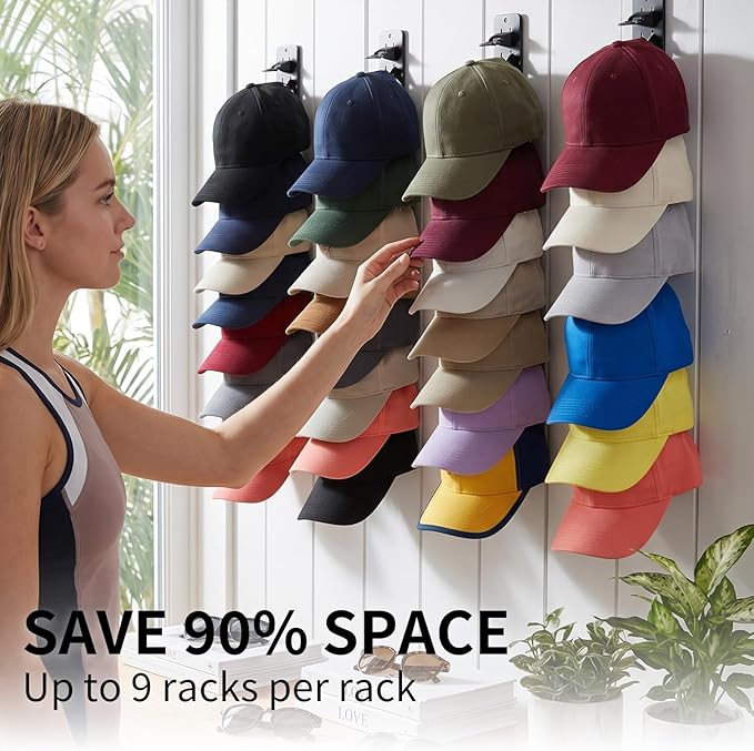 Hat Rack for Wall, 27 Hats Organizer Storage for Baseball Caps with Strong Adhesive & Drilling Screw, Hat Hanger Holder for Closet, Bedroom, 3 Pack