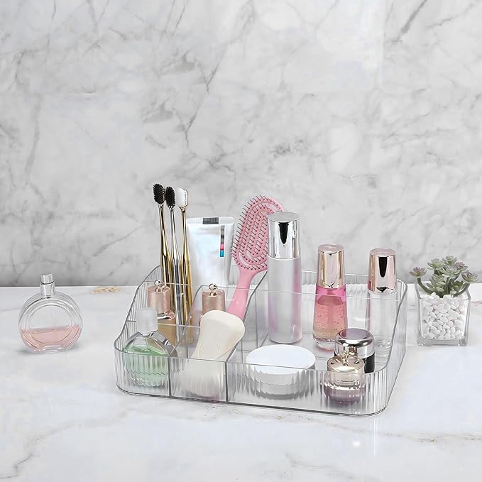 DASITON Large Capacity Makeup Brush Holder, 7 Slot Makeup Brush Cup, Vintage Striped Make Up Brush Holder, Makeup Tray Organizer for Vanity Decor, Bathroom Countertops, Desk Storage Container (Clear)