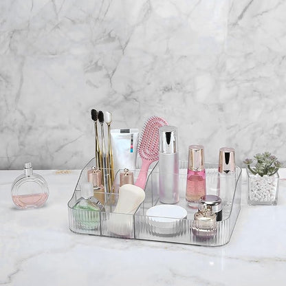 DASITON Large Capacity Makeup Brush Holder, 7 Slot Makeup Brush Cup, Vintage Striped Make Up Brush Holder, Makeup Tray Organizer for Vanity Decor, Bathroom Countertops, Desk Storage Container (Clear)