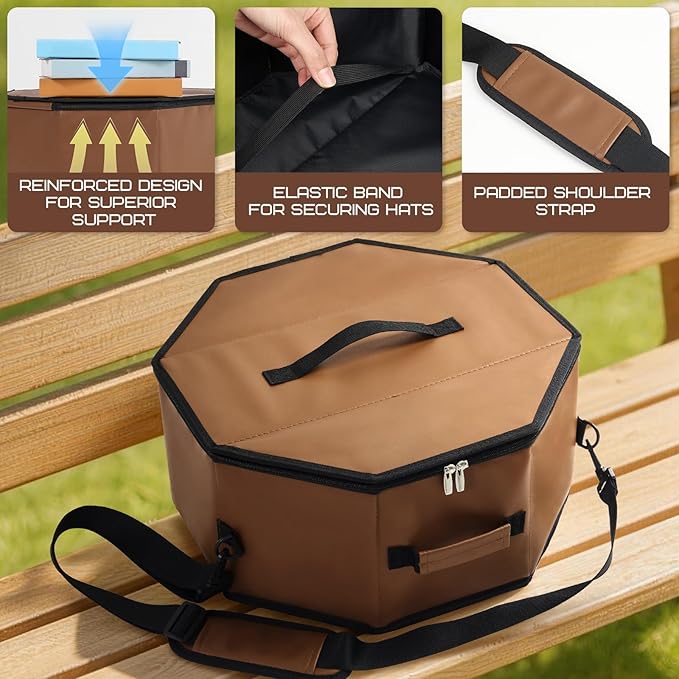 WERNNSAI Hat Storage Box for Cowboy & Wide BrimHats, OctagonalHat PU Leather Travel Case with Elastic Straps,Carry Handle Detachable Shoulder Strap,Dustproof, Travel & Home Closet Storage, Brown