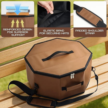 WERNNSAI Hat Storage Box for Cowboy & Wide BrimHats, OctagonalHat PU Leather Travel Case with Elastic Straps,Carry Handle Detachable Shoulder Strap,Dustproof, Travel & Home Closet Storage, Brown