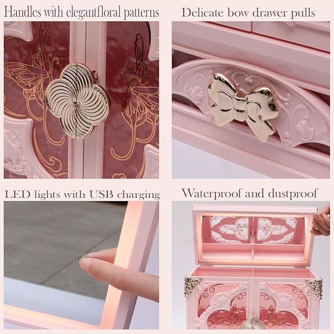 Lighted Vanity Makeup Organizer with Mirror, Large Vintage Cosmetic Storage Box with Drawers, Waterproof Dustproof Skincare & Beauty Organizer for Bathroom Counter, Gift for Women (Pink)