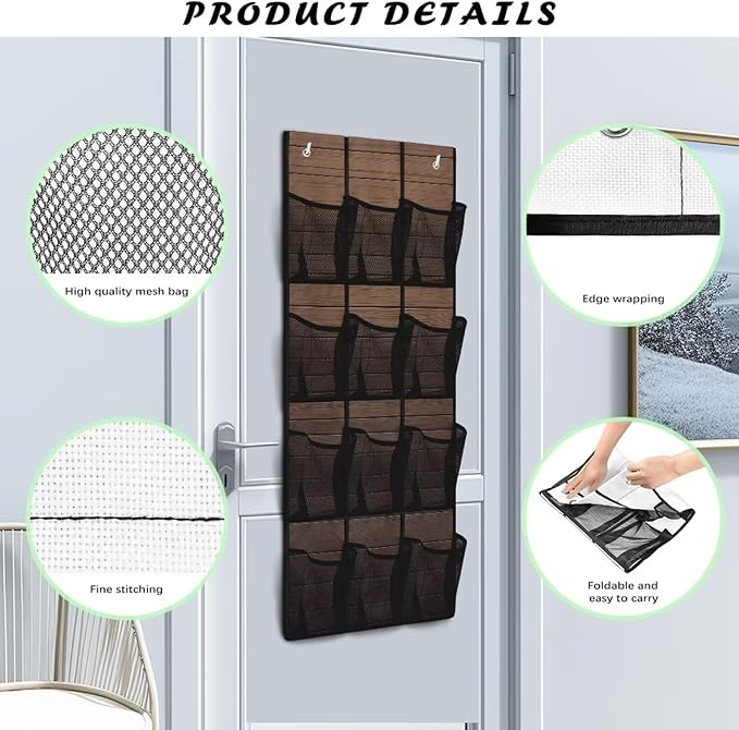 Wood Grain Over the Door Shoe Organizer 12 Large Mesh Pockets Shoe Rack for Door Foldable Hanger Storage Holder for Dorm Bedroom