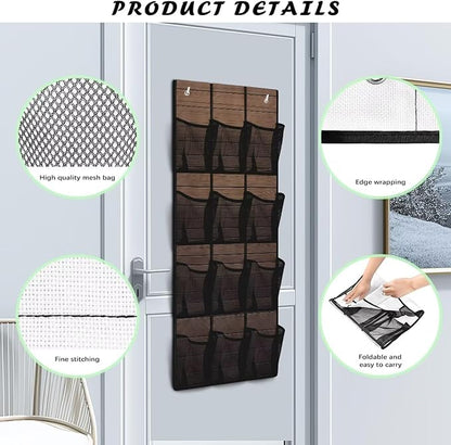 Wood Grain Over the Door Shoe Organizer 12 Large Mesh Pockets Shoe Rack for Door Foldable Hanger Storage Holder for Dorm Bedroom