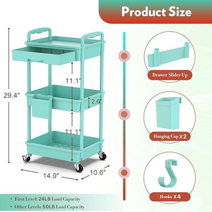SUNALLY Makeup Cart Organizer with Drawers, Floor Skincare Organizers Vanity Storage Organizer, Rolling Makeup Bathroom Storage Cart Cosmetics Display Cases for Skin Care Perfume Nail Polish, Blue
