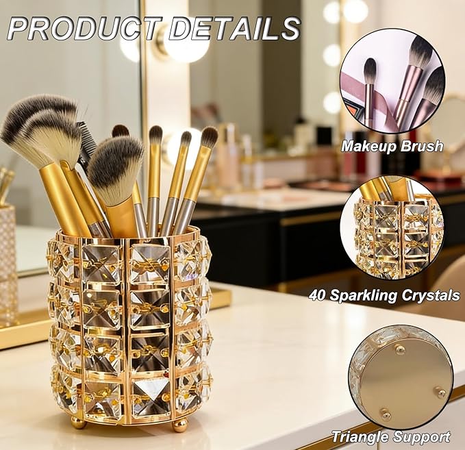 Makeup Brush Holder Organizer Crystal Bling Cosmetic Storage Box for Brushes, Combs & Pens, Candle Holder Container（Gold）