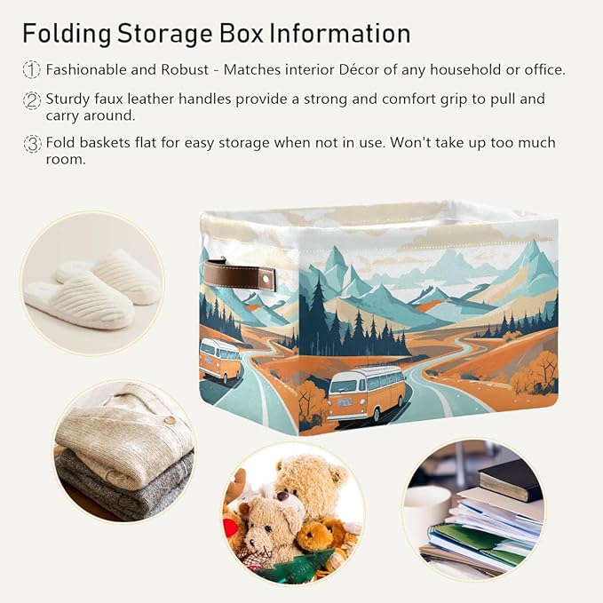 Storage Basket Vintage Camper Van Durable Canvas Collapsible Toy Box Organizer Bin with Handles for Shelf Closet Bedroom Home Office