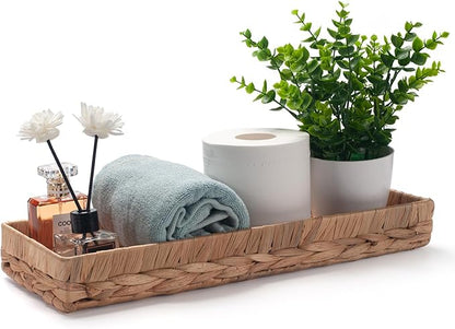 Woven Bathroom Vanity Tray for Storage Water Hyacinth Back of Toilet Basket Long Narrow Guest Towel Holder (Natural 16.3 x 6.1 x 2 inch)