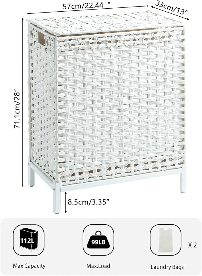 SETVSON Laundry Hamper with Lid,112 L Handwoven Rattan Wicker Laundry Basket, 2 Removable Liner Bags Metal Heightened Feet,6 Mesh Bags,2 Section Large Clothes Hamper for Bathroom Bedroom, Cloud White