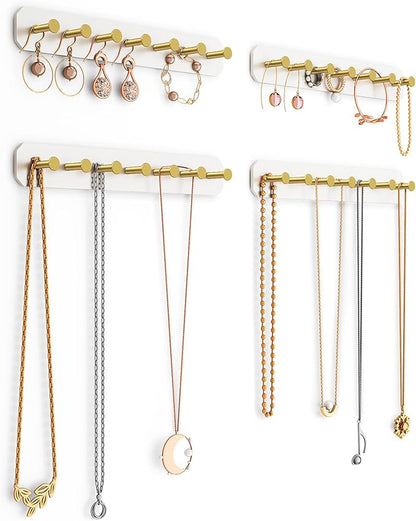 NiHome 4-Pack Wall Mount Acrylic Jewelry Storage for Necklaces, Bracelets, Earrings, Accessories, Easy Installation for Vanity, Bathroom, Kitchen (White)