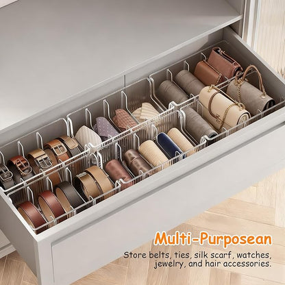 2-Pack Belt Storage Organizer, Acrylic Belt Organizer with 8 Detachable Compartments, Clear Belts Holder for Closet & Drawer, Fits Most Sizes, Space-Saving Design for Ties, Bows & Jewelry