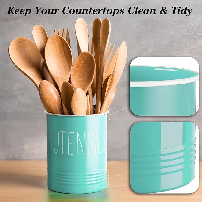 Bivvclaz Teal Kitchen Utensil Holder, 6.7" Utensil Holder for Kitchen Counter, Cooking Utensil Crock with Cork Bottom, Turquoise Decor and Accessories, Countertop Utensil Storage Caddy Organizer