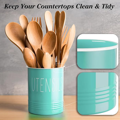 Bivvclaz Teal Kitchen Utensil Holder, 6.7" Utensil Holder for Kitchen Counter, Cooking Utensil Crock with Cork Bottom, Turquoise Decor and Accessories, Countertop Utensil Storage Caddy Organizer