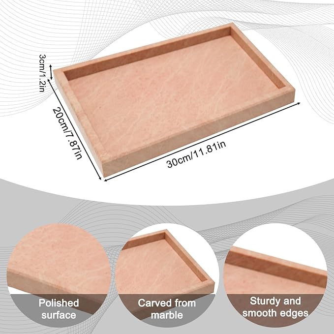 Pure Natural Marble Tray for Bathroom, Dresser, Sink. Cosmetics, toiletries, perfumes, Jewelry, Candles, etc. can be Placed (Cherry Blossom Pink, 12" x 8" x 1.2")