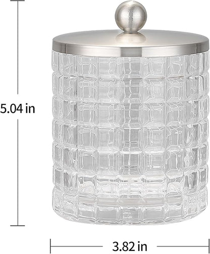Clear transparent Apothecary Etched Geometric Grid Glass Jar W/Satin Nickel Metal Lid Cover for Bathroom Organization, Cotton Balls, Q Tips, and Small Accessories, Bathroom Storage