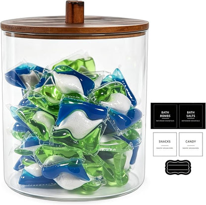 Amolliar Laundry Pods Storage Container, Clear Laundry Room Organization, 1 Pack Large Detergent Container with Dark Wood Lid & 27 Labels for Bathroom Organizer (0.6 Gal)