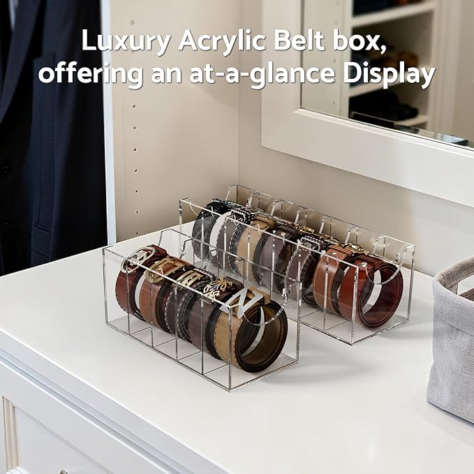 FEMELI Belt Organizer, Acrylic 5 Compartments Container Storage Holder, Clear Display Case for Closet Tie and Bow Tie