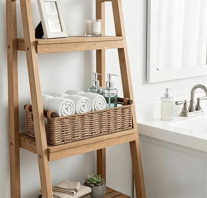CubesLand Small Wicker Toilet Basket Tray Organizer W/Cut Out Handle, Handwoven Slim Decorative Basket for Countertop, Shelves And for Rustic Home Decor, Living Room, Nursery Organization, Neutral