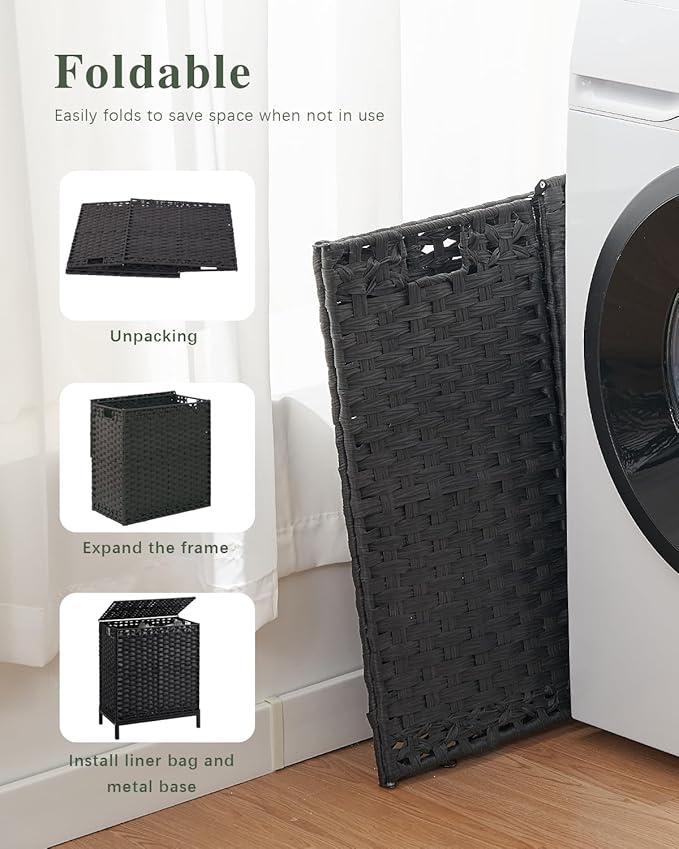 SETVSON Laundry Hamper with Lid, 112 L Handwoven Rattan Wicker Laundry Basket, 2 Removable Liner Bags Metal Heightened Feet, 6 Mesh Bags, 2 Section Large Clothes Hamper for Bathroom Bedroom, Black