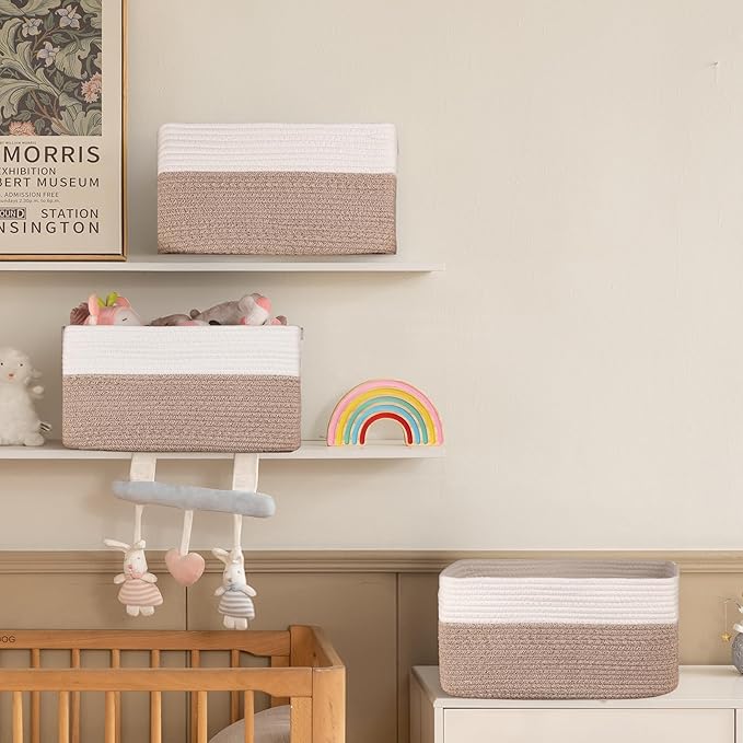 4 Pack Storage Baskets for Organizing, Woven Baskets for Shelves - Perfect for Toys, Books, Towels, and Clothes, Durable Gift Basket Bins Toy Storage, 15.7''Lx11.8''Wx7.8''H, Brown & White