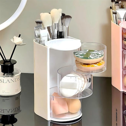 Azurphoric Hair Accessories Organizer with Hair Brush Holder, Rotatable Makeup Brush Holder for Necklaces, Earring, Bracelet, Ring, Makeup Brushes, Hair Clip and Hair Accessories (White, 3-Layer)