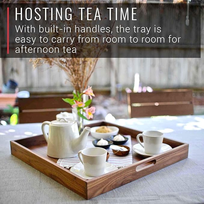 Virginia Boys Kitchens Walnut Wood Serving Tray with Handles - Serve Coffee, Tea, Cocktails, Appetizers, Breakfast in Bed or for Ottomans or Desk - 20x20 Square