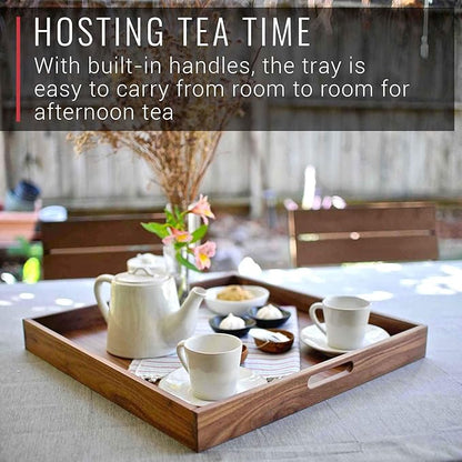Virginia Boys Kitchens Walnut Wood Serving Tray with Handles - Serve Coffee, Tea, Cocktails, Appetizers, Breakfast in Bed or for Ottomans or Desk - 20x20 Square