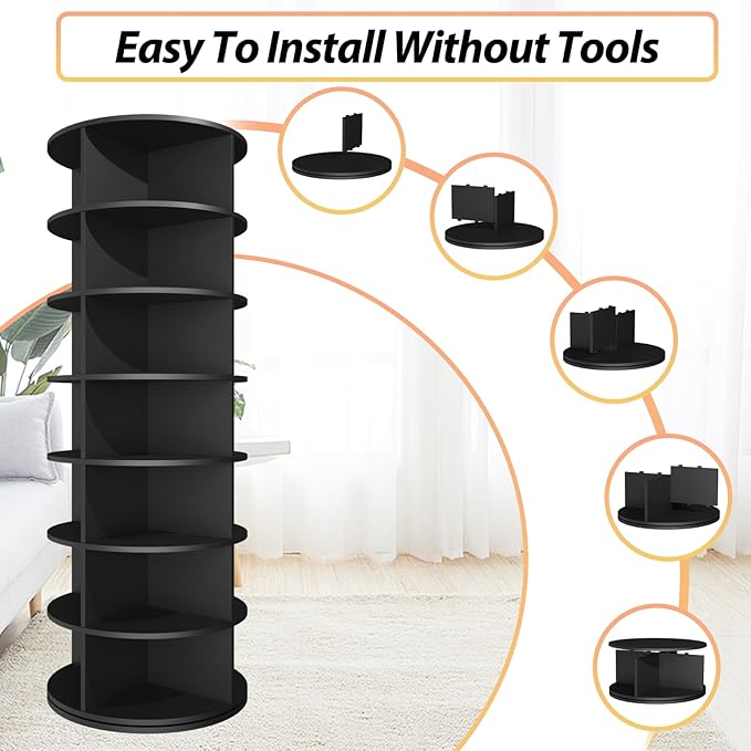 Rotating Shoe Rack, 7-Tier Spinning Shoe Rack, Free Standing Rotating Shoe Rack Tower 360°, Easy to Assemble, Space-Saving Revolving Shoe Organizer for Entryway - Black