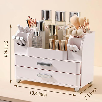 Anyoifax Makeup Organizer Countertop with Large Drawers, Vanity Organizer with Brush Holder, Skin Care Storage for Dresser, Perfume Organizer for Lotion, Lipsitck, Palette, All White