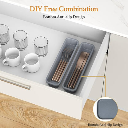 2 Pack Silicone Silverware Organizer, DIY Free Combination Utensil Drawer Organizer, Silverware Drawer Organizer, Flatware Cutlery Tray for Spoons Forks, Anti-slip Design (Grey)
