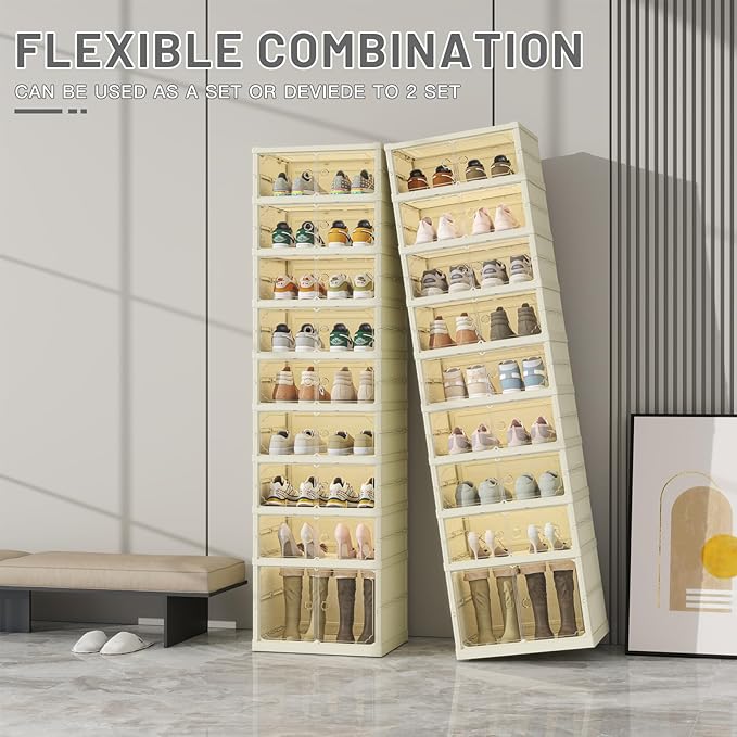 Dimmeda 9 Tiers Foldable Shoe Rack Organizer for Closet with Wheels, 36Pairs Plastic Collapsible Shoe Shelf for Front Door Entrance Stackable Clear Folding Shoes Storage Boxes Tall Shoe Cabinet
