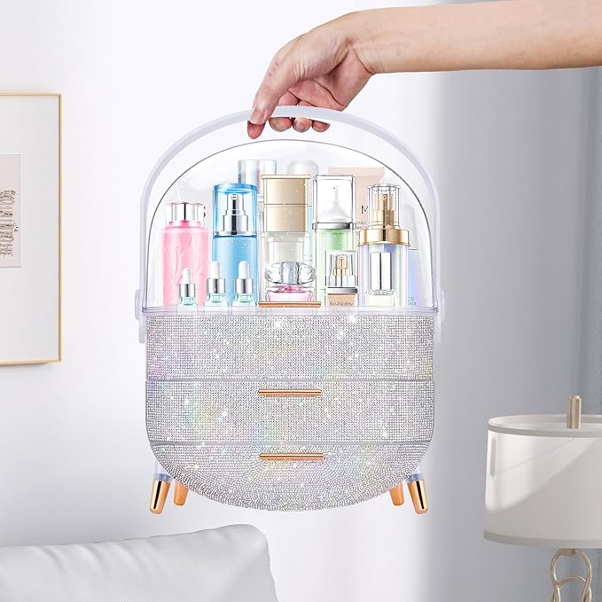 Ptesly Teen Girls Gift Makeup Organizer, Skincare & Jewelry Storage, Cosmetics Display Case, Makeup Holder, Bathroom Organizer (Bling Rhinestone)