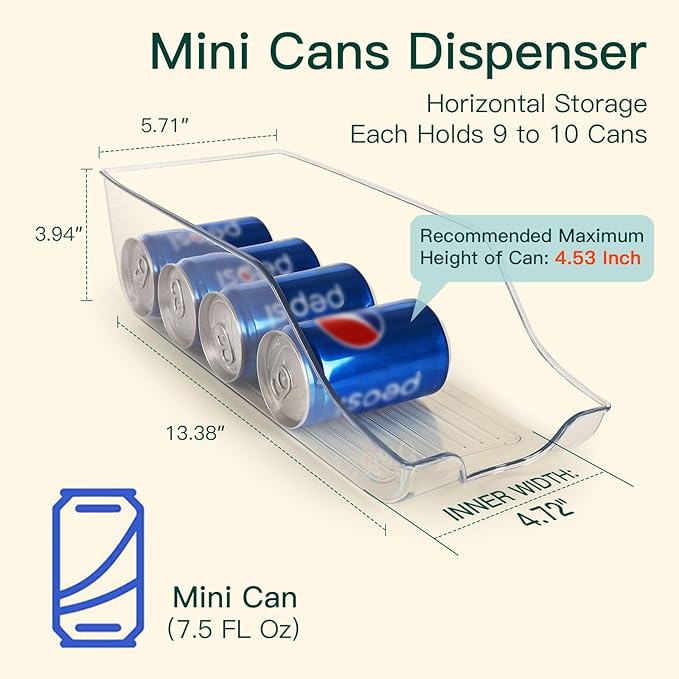 Refrigerator Organizer Bins Set of 4, Pantry Storage, Can Dispenser for Kitchen Cabinet or Counter-top, Fridge Beverage Holder, Clear