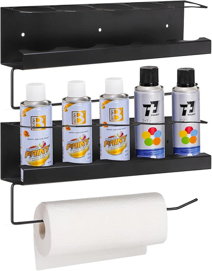 Cedilis 2 Pack Aerosol Spray Can Holder Rack with Paper Towel Holder, Wall Mounted Steel Spray Bottle Organizer, Black Spray Paint Can Holder for Garage and Workspace, Mounting Accessories Included