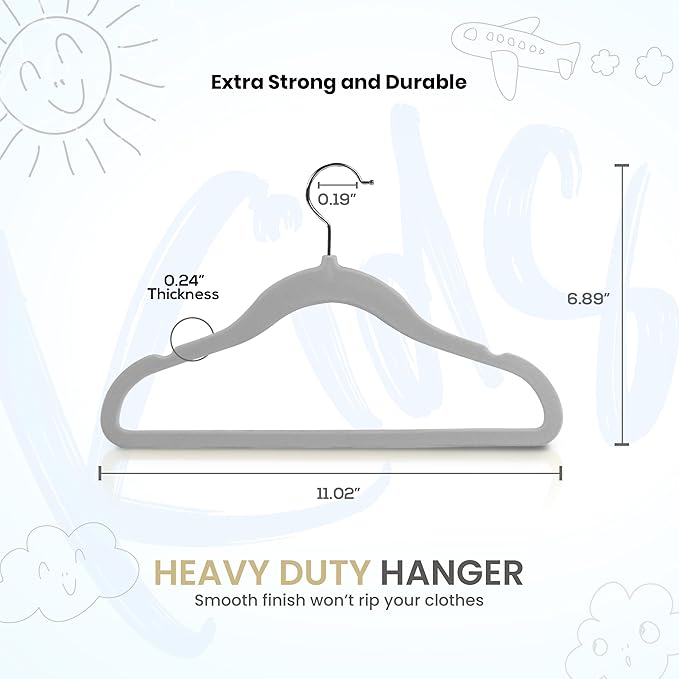 Utopia Home Kids Velvet Hangers 20 Pack – 11 Inch Non-Slip Baby Hangers for Baby and Toddlers, Durable Ultra-Slim Space-Saving Closet Organizers (Grey)