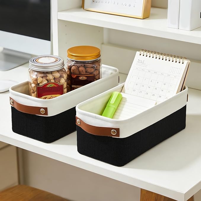 Bagnizer Small Fabric Storage Baskets, 15x6x5 inch Narrow Storage Bins 4-Pack Long Storage Basket for Organizing with Handles, Decorative Basket for Closets, Shelves, Toilet Paper, Black